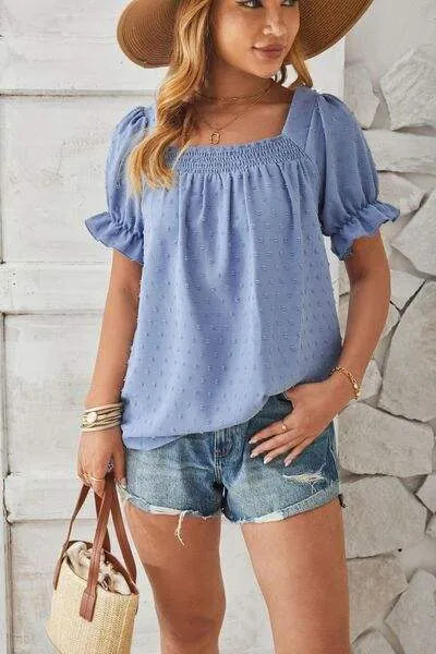 Swiss Dot Smocked Square Neck Short Sleeve T-Shirt Women's T-Shirts - Tophatter Daily Deals